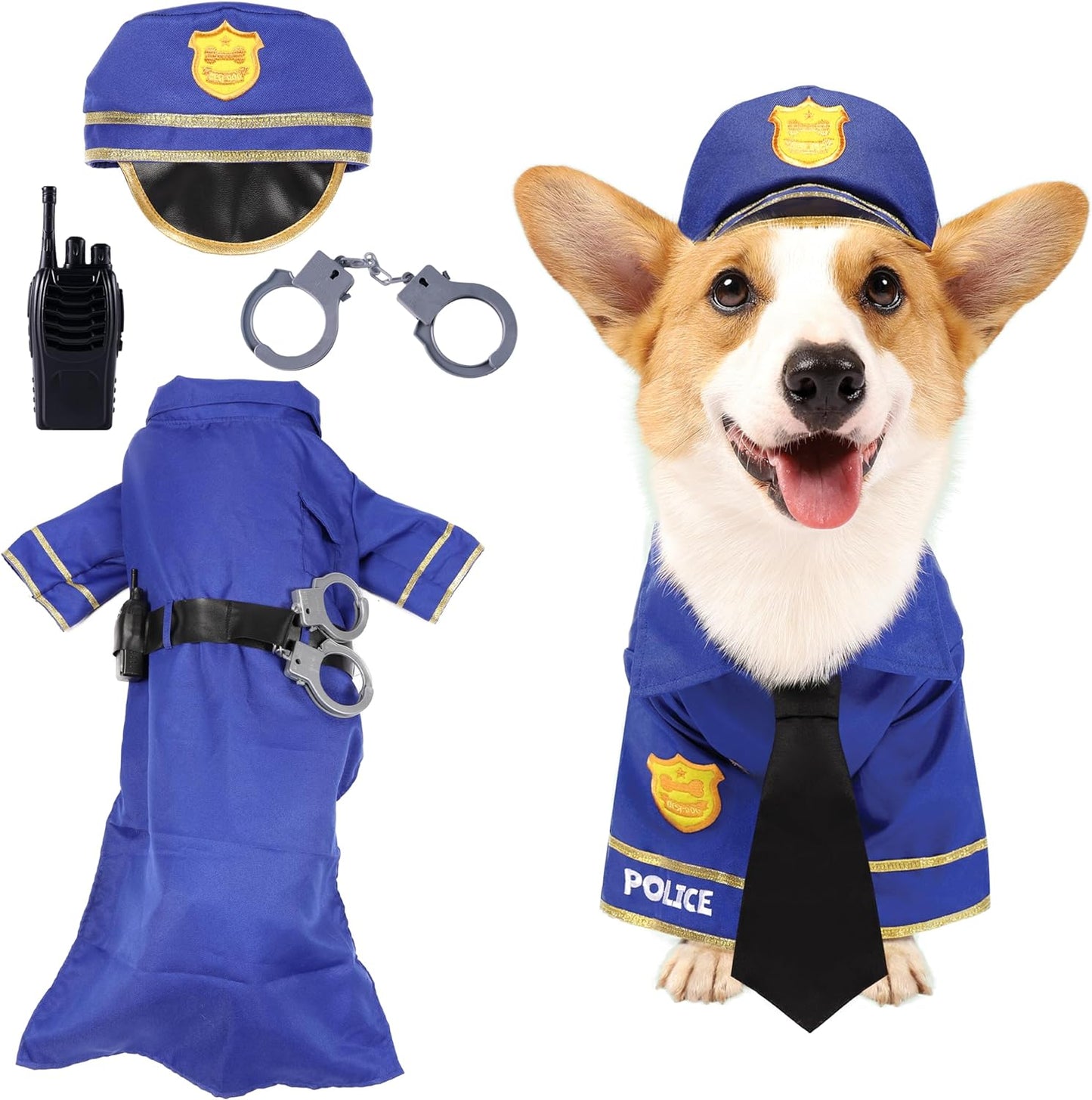 Halloween Dog Pet Police Costume Velcro Shirt with Belt, Handcuffs, Walkie Talkie for Halloween Dress-Up Party, Role Play, Carnival Cosplay, Holiday Decorations Clothes