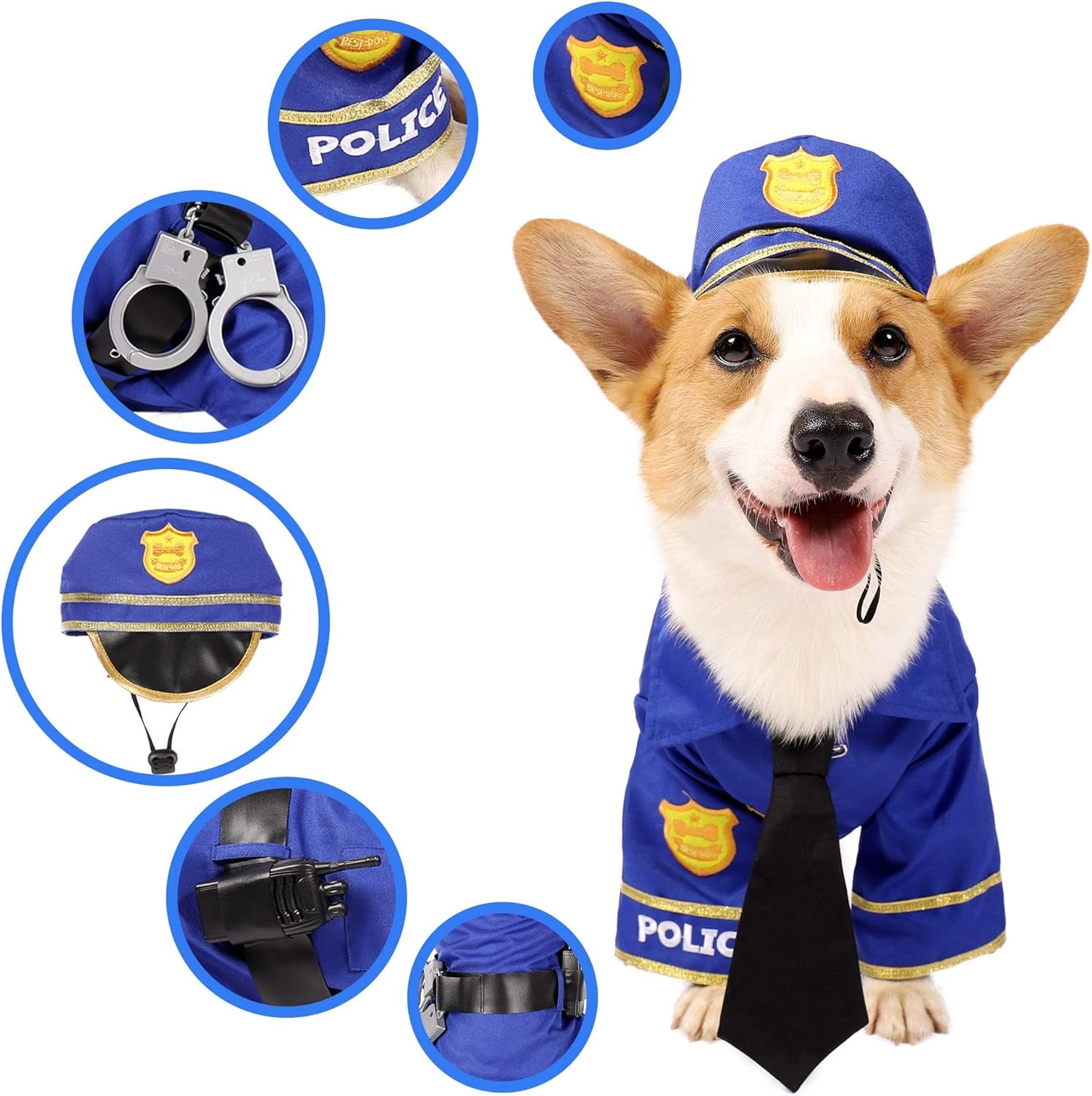 Halloween Dog Pet Police Costume Velcro Shirt with Belt, Handcuffs, Walkie Talkie for Halloween Dress-Up Party, Role Play, Carnival Cosplay, Holiday Decorations Clothes